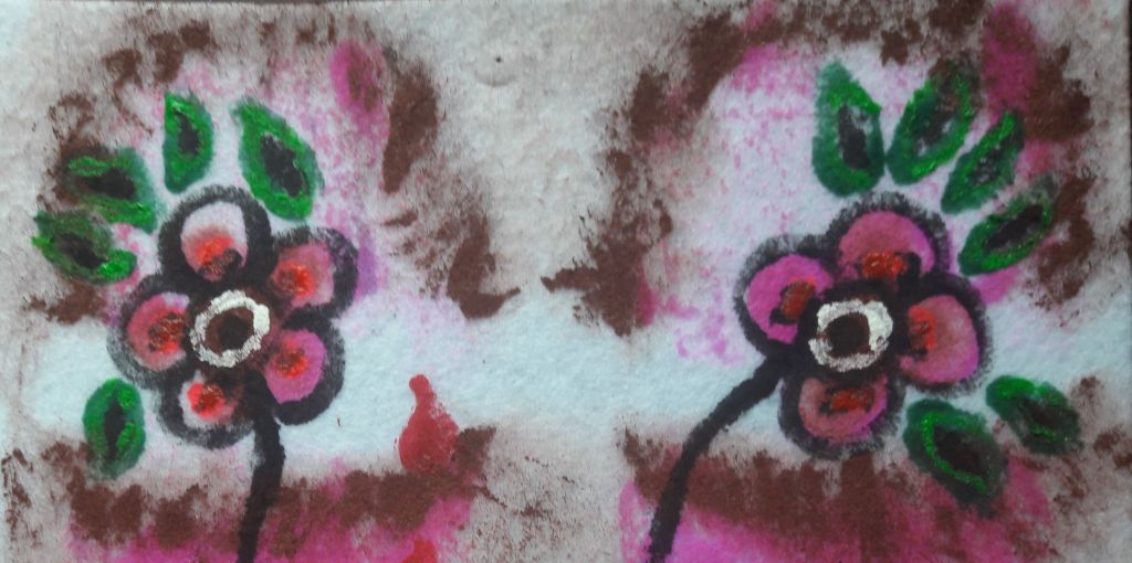 Acrylic painting of flowers as eyes - pinks and greens