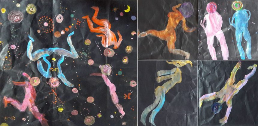 Acrylic montage of human shapes floating in space. Freedom feels like floating in space - falling, rising, and discovering - free to be you.